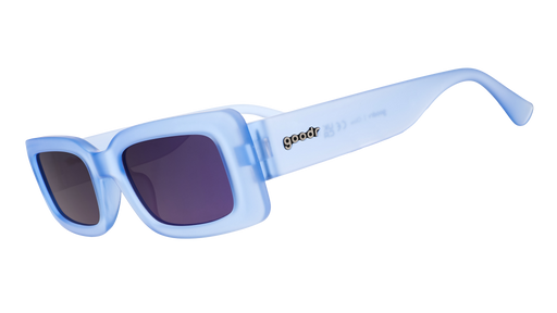 Three-quarter angle view of translucent light blue rectangular sunglasses with purple reflective lenses.