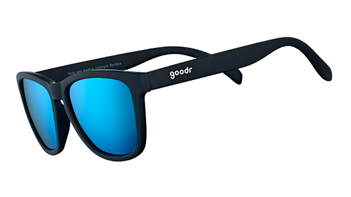 Three-quarter angle view of square-shaped black sunglasses with polarized reflective blue lenses.