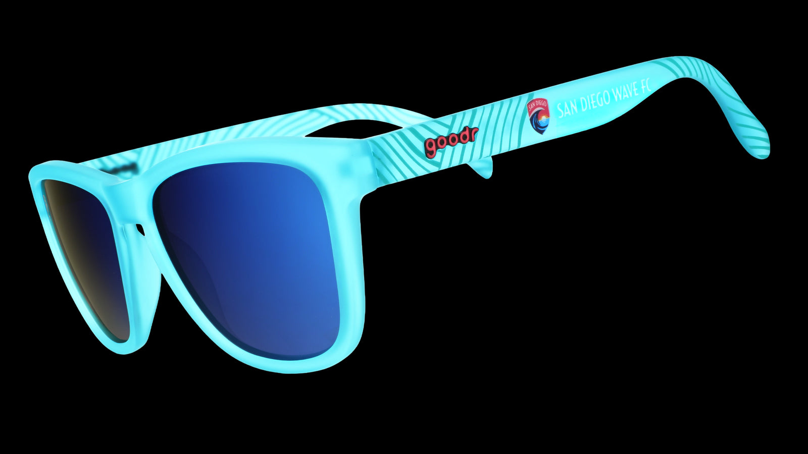 Turquoise sunglasses with blue lenses on a white background