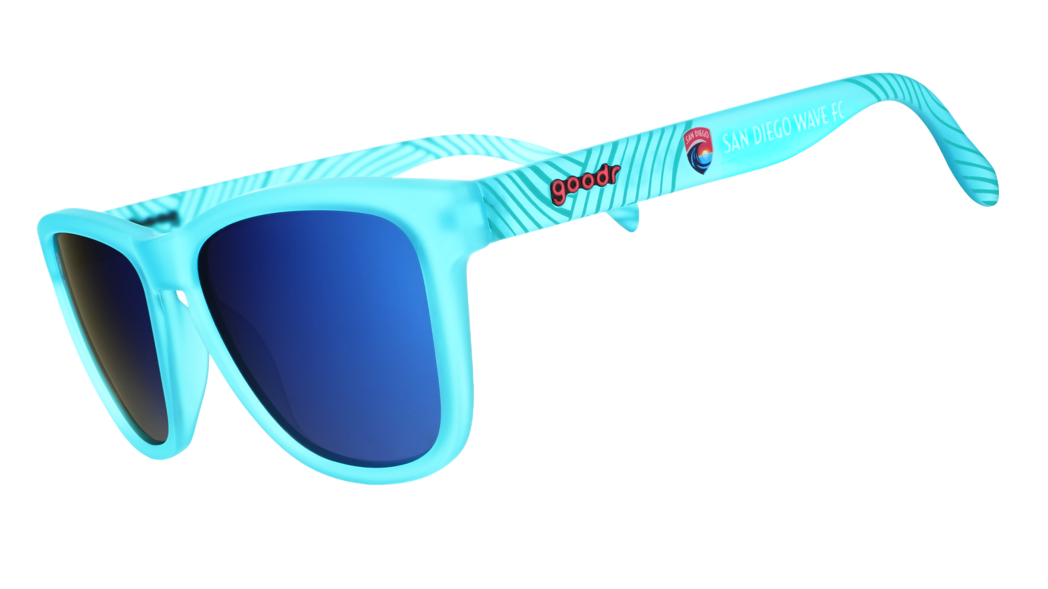Turquoise sunglasses with blue lenses on a white background