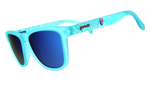 Turquoise sunglasses with blue lenses on a white background