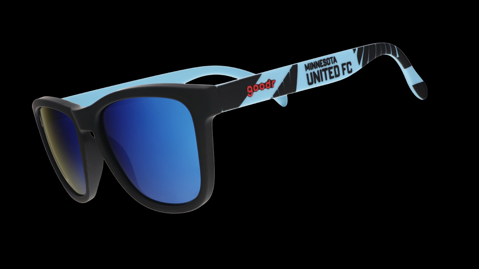 Three-quarter angle view of Major League Soccer Minnesota United FC shades. Blue+black frames. Blue reflective lenses.