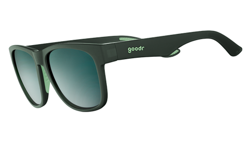Sunglasses with matte green frames and green reflective lenses