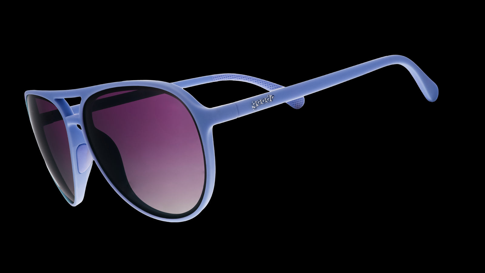 Three-quarter angle view of light blue aviator sunglasses with purple gradient lenses.