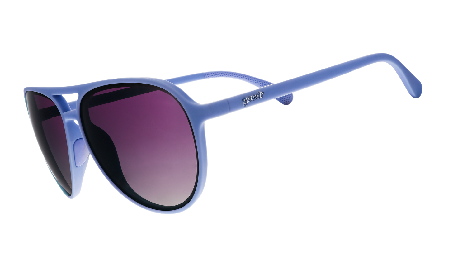 Three-quarter angle view of light blue aviator sunglasses with purple gradient lenses.