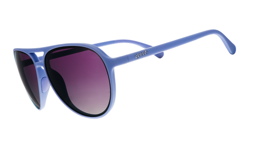 Three-quarter angle view of light blue aviator sunglasses with purple gradient lenses.