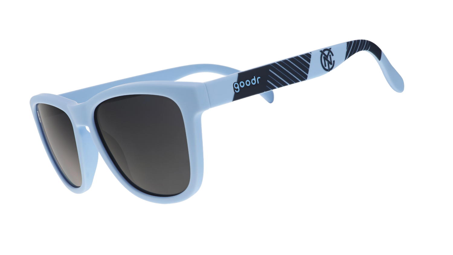 Three-quarter angle view of Major League Soccer NYCFC shades. Light blue+navy frames. Black non-reflective lenses.