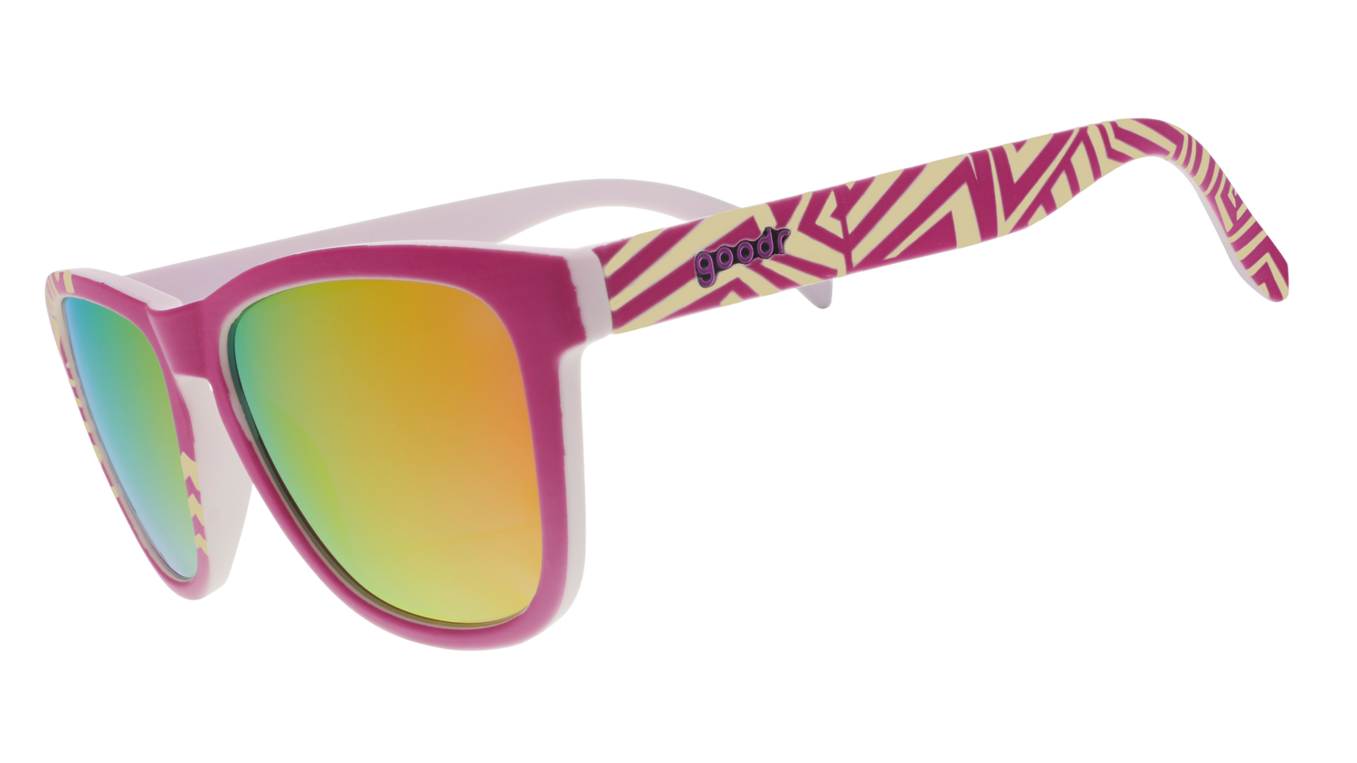 Three-quarter view of a pair of sunglasses with a purple faceplate, pink reflective lenses, and geometric striped purple and yellow design.
