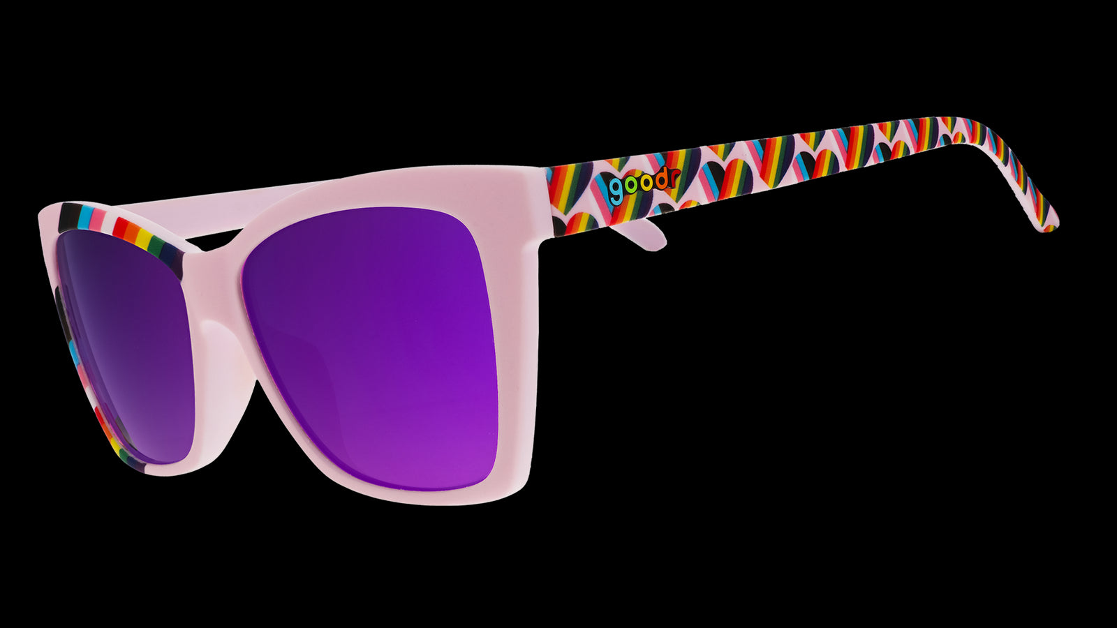 Three-quarter angle view of Pride sunglasses with an angled cat-eye lilac rainbow flag hearts frame and purple lenses.