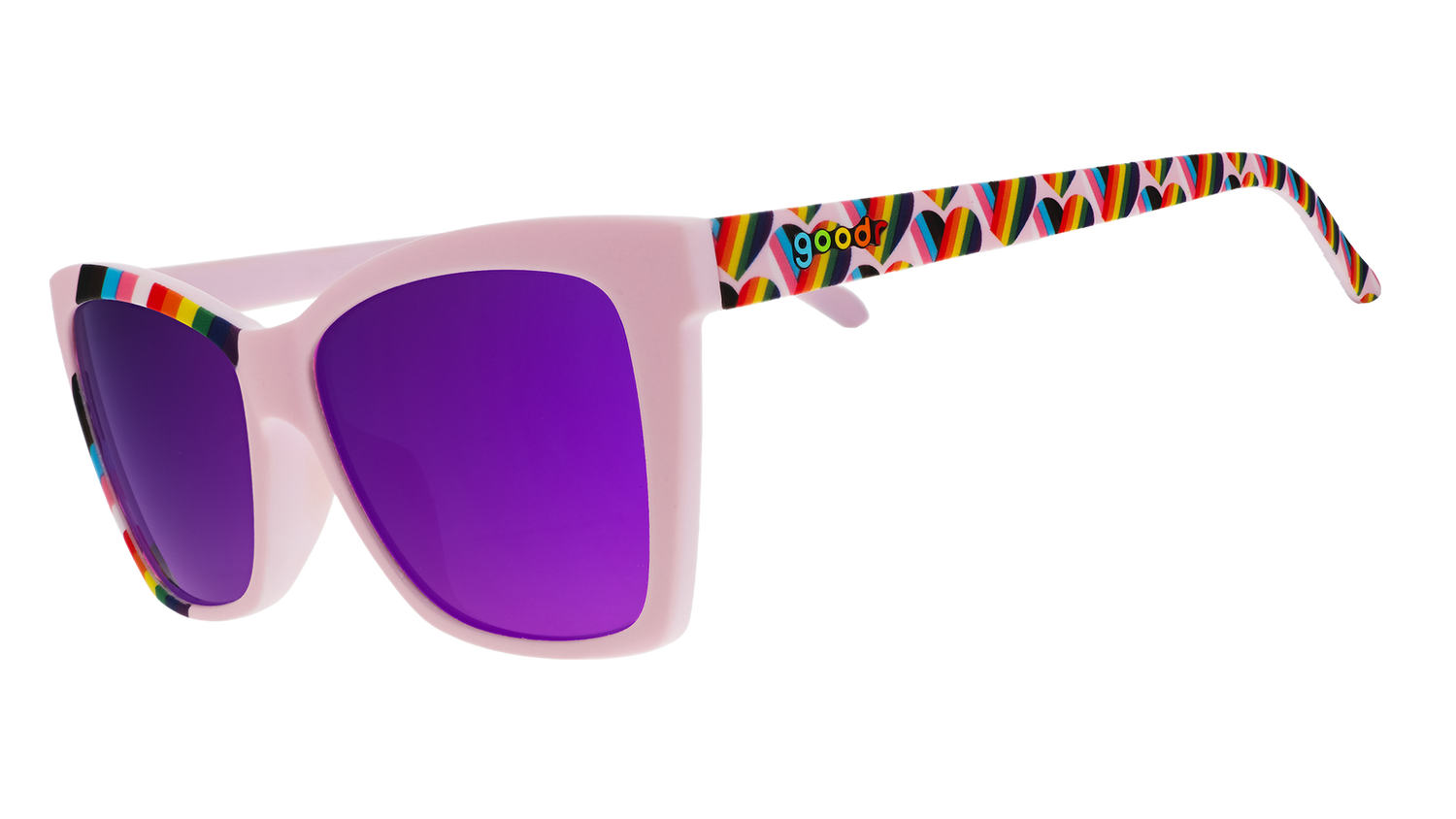 Three-quarter angle view of Pride sunglasses with an angled cat-eye lilac rainbow flag hearts frame and purple lenses.