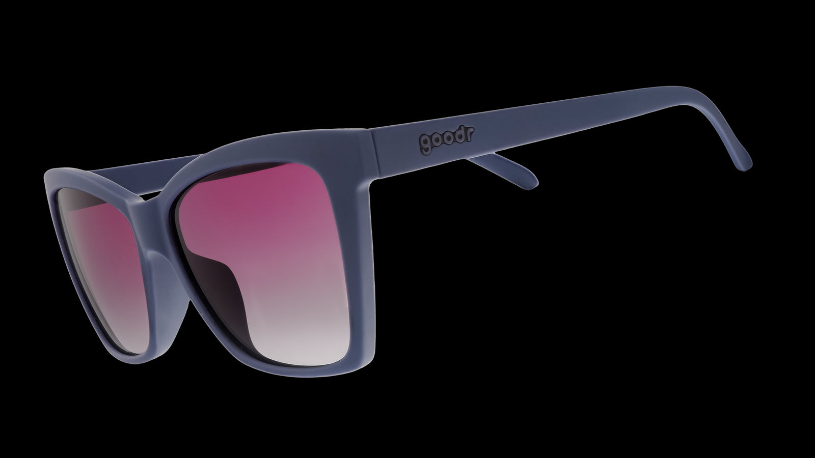 Three-quarter angle view of dark purple angular sunglasses with purple gradient lenses.