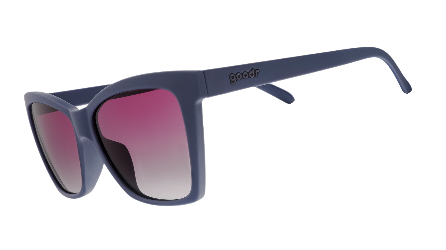 Three-quarter angle view of dark purple angular sunglasses with purple gradient lenses.