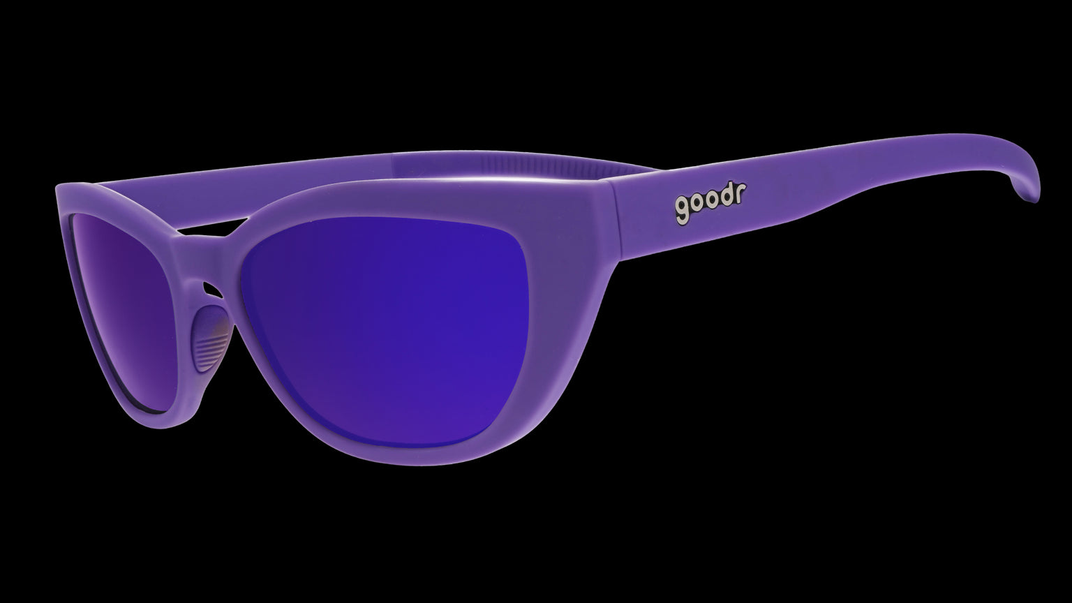 Three-quarter angle view of a pair of deep purple cat-eye Cheetah G sunglasses with purple reflective lenses.