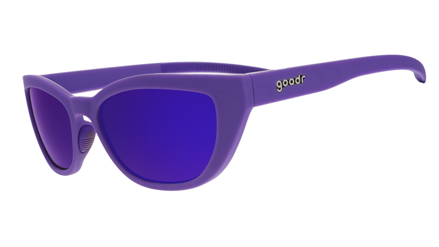 Three-quarter angle view of a pair of deep purple cat-eye Cheetah G sunglasses with purple reflective lenses.