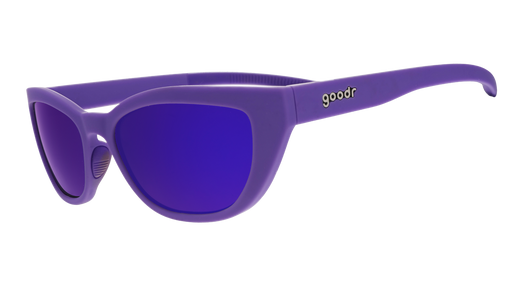 Three-quarter angle view of a pair of deep purple cat-eye Cheetah G sunglasses with purple reflective lenses.