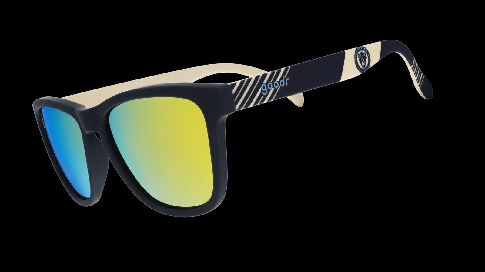 Three-quarter angle view of Major League Soccer Philadelphia Union shades. Navy+gold frames. Gold reflective lenses.