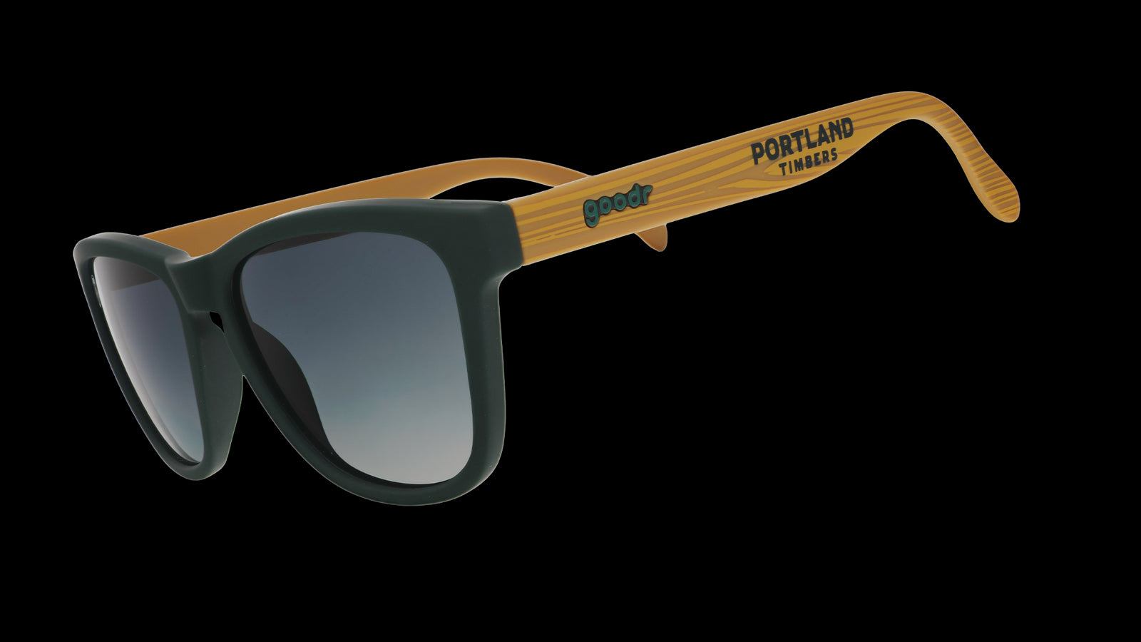 Three-quarter angle view of Portland Timbers Major League Soccer sunglasses with wood-patterned arms and green lenses