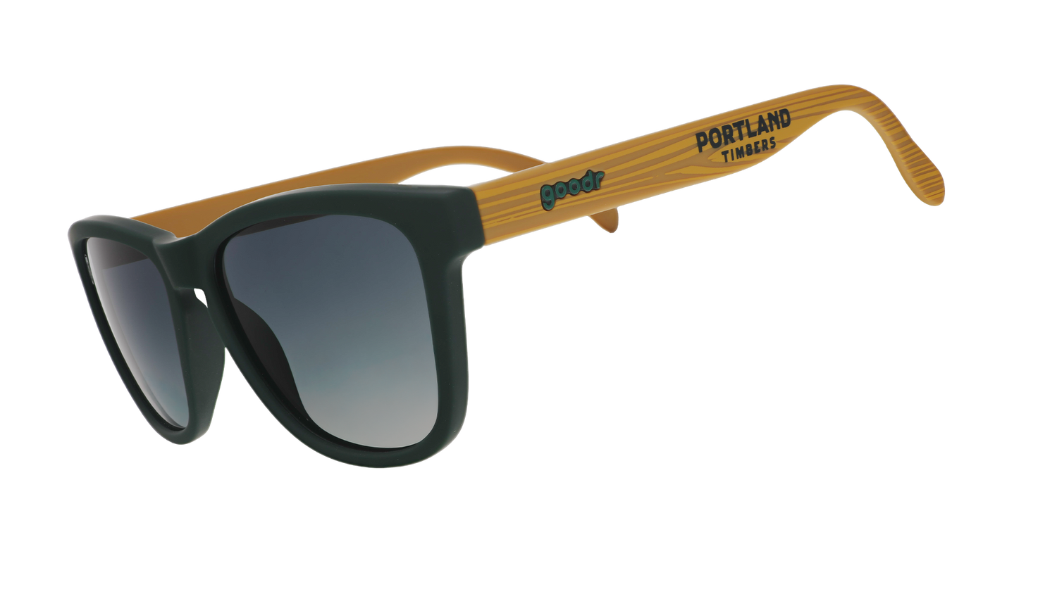 Three-quarter angle view of Portland Timbers Major League Soccer sunglasses with wood-patterned arms and green lenses
