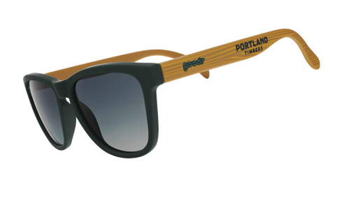 Three-quarter angle view of Portland Timbers Major League Soccer sunglasses with wood-patterned arms and green lenses