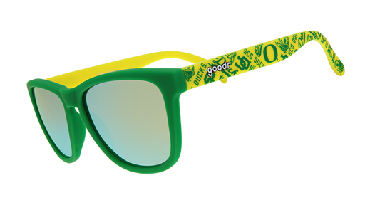 Green and yellow sunglasses with mirrored lenses, featuring a pattern of Oregon Ducks symbols and logos on the arms.