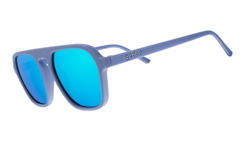 Three-quarter angle view of light blue retro-inspired aviator sunglasses with blue reflective lenses.