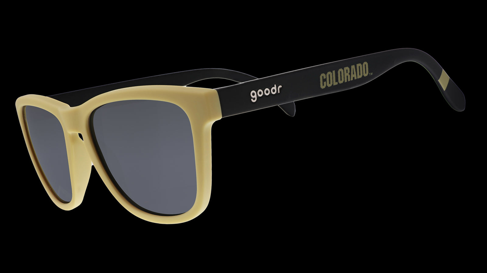 Three-quarter angle view of light brown and brown sunglasses with a Colorado print and black lenses.