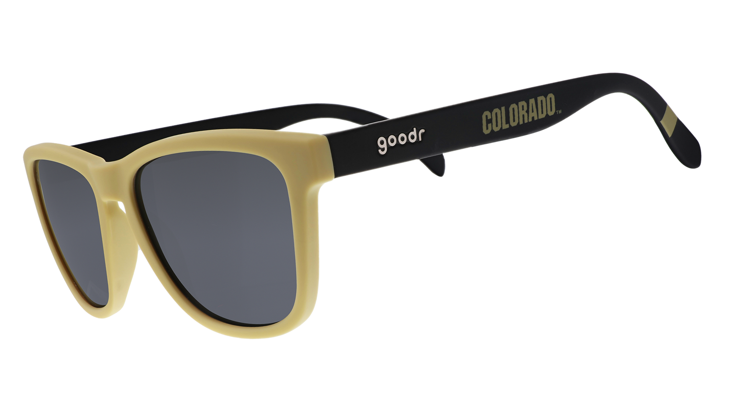 Three-quarter angle view of light brown and brown sunglasses with a Colorado print and black lenses.