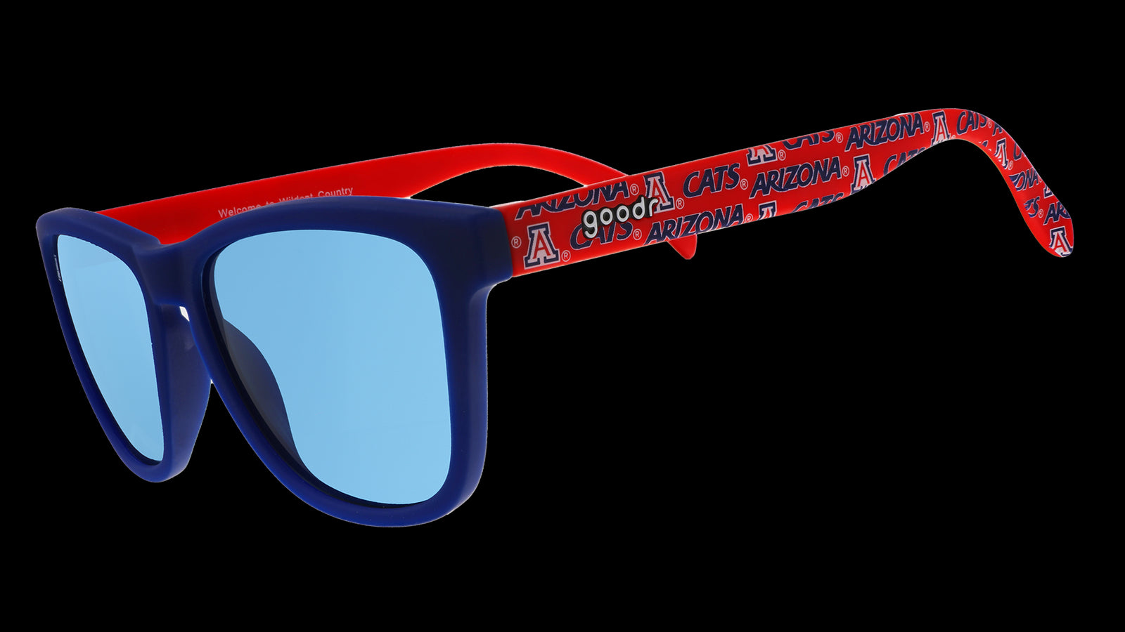 Three-quarter angle view of red and dark blue sunglasses with an Arizona print and blue lenses.