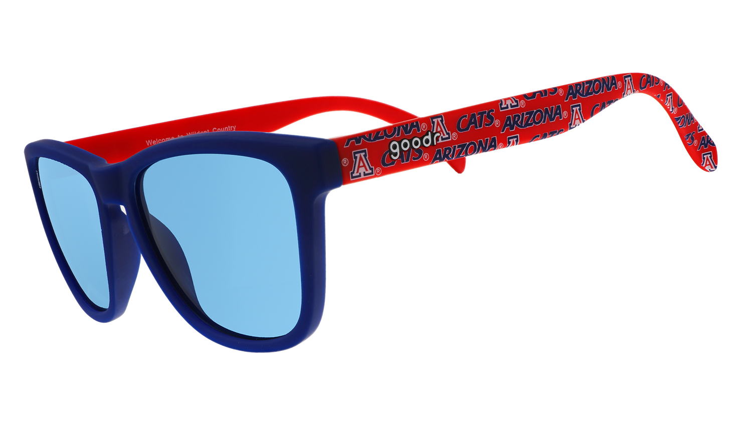 Three-quarter angle view of red and dark blue sunglasses with an Arizona print and blue lenses.