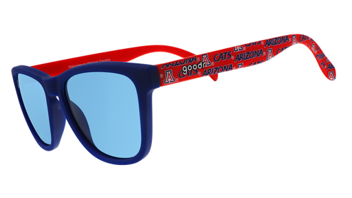 Three-quarter angle view of red and dark blue sunglasses with an Arizona print and blue lenses.