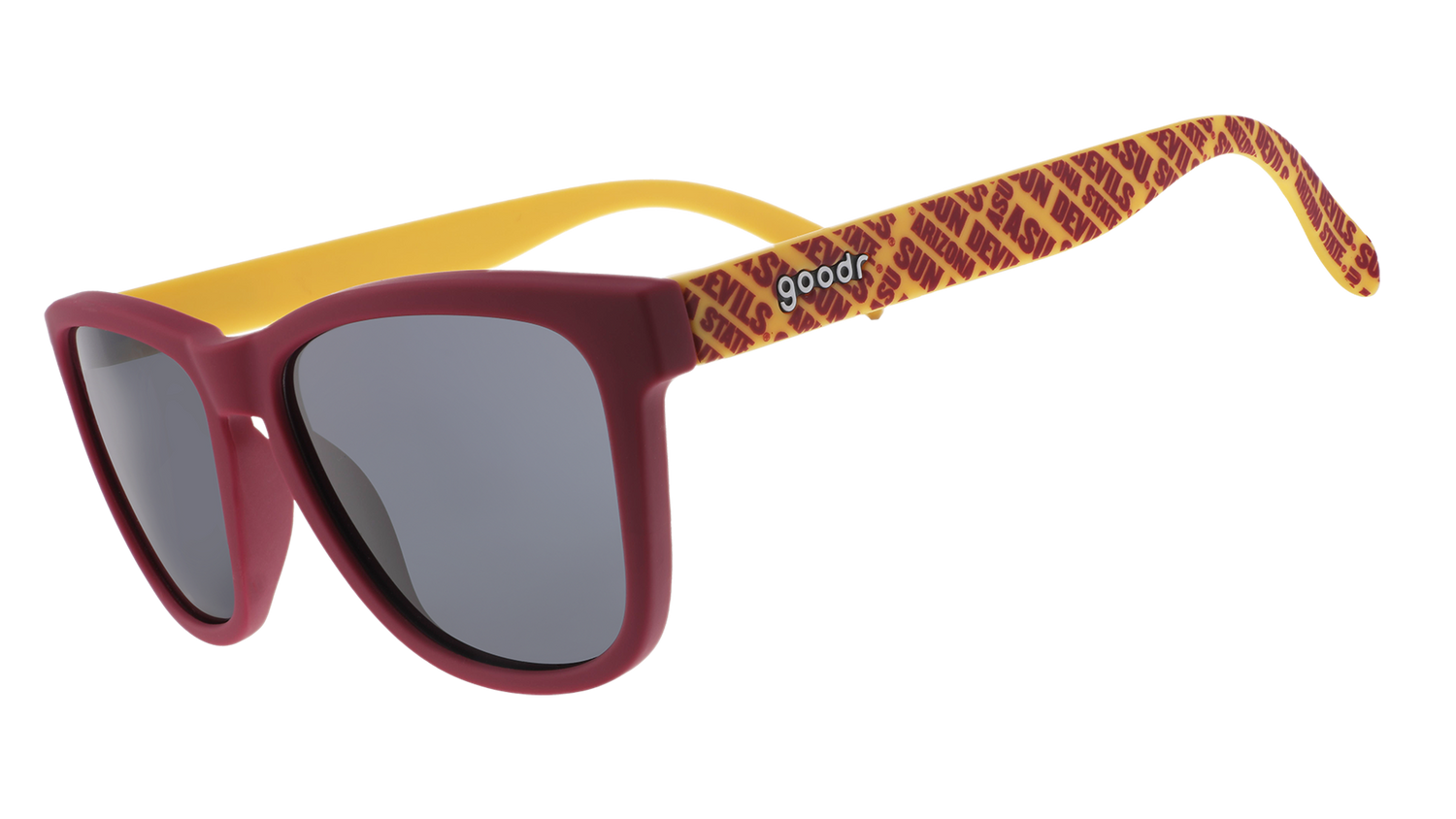 Three-quarter angle view of dark red and yellow sunglasses with an ASU print and black lenses.