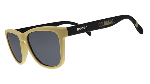 Three-quarter angle view of light brown and brown sunglasses with a Colorado print and black lenses.