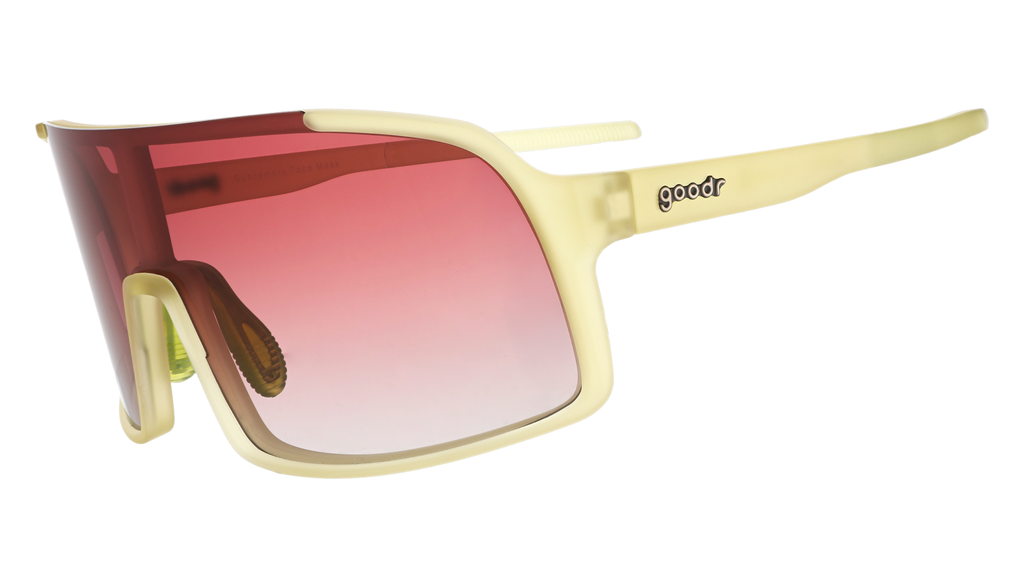 Three-quarter angle view of chartreuse wrap sunglasses with a rose gradient shield lens.