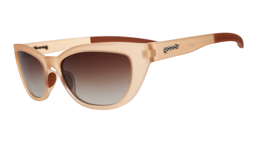 Three-quarter angle view of a pair of translucent brown cat-eye Cheetah Gs with brown gradient lenses.