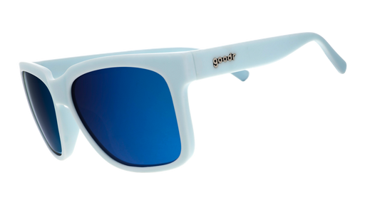 Three-quarter angle view of light blue sunglasses with blue lenses designed to float in water. 