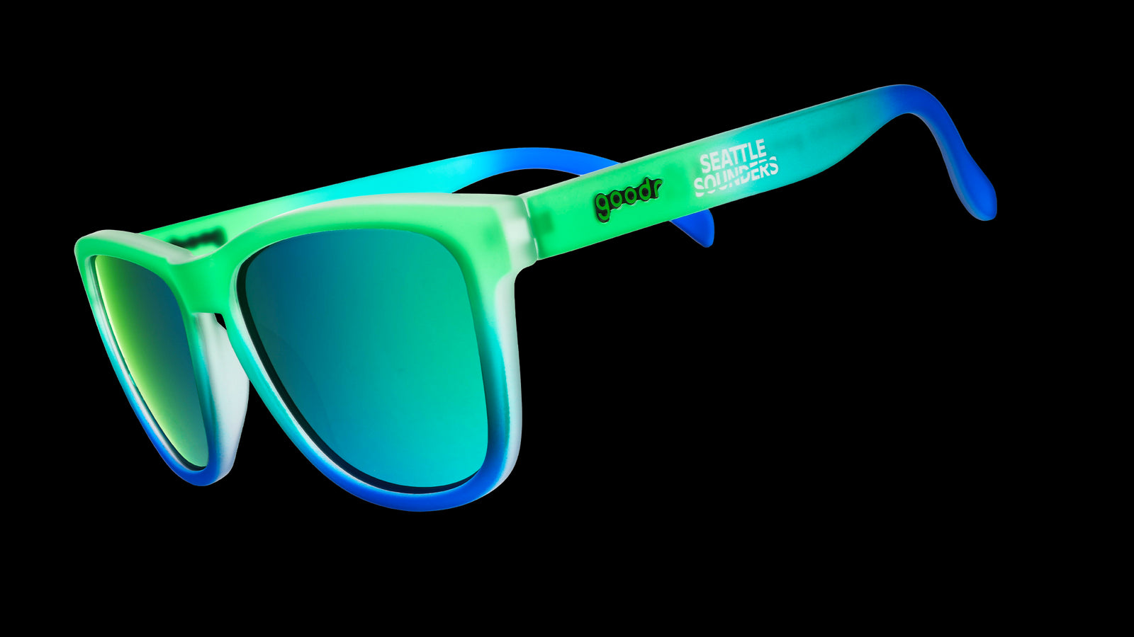 Three-quarter angle view of Seattle Sounders Major League Soccer sunglasses with green-blue frames and green lenses