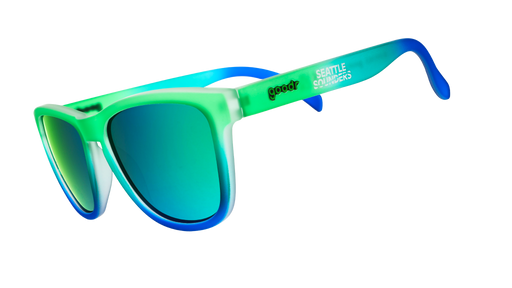 Three-quarter angle view of Seattle Sounders Major League Soccer sunglasses with green-blue frames and green lenses