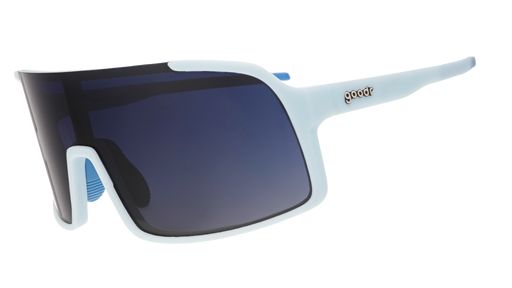 Sunglasses with a wraparound light blue frame and dark blue gradient lenses.