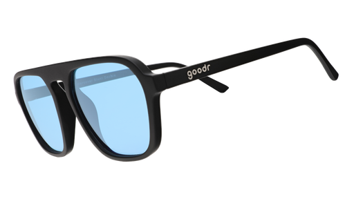 Retro aviator sunglasses with black frames and transparent blue lenses on a white background.