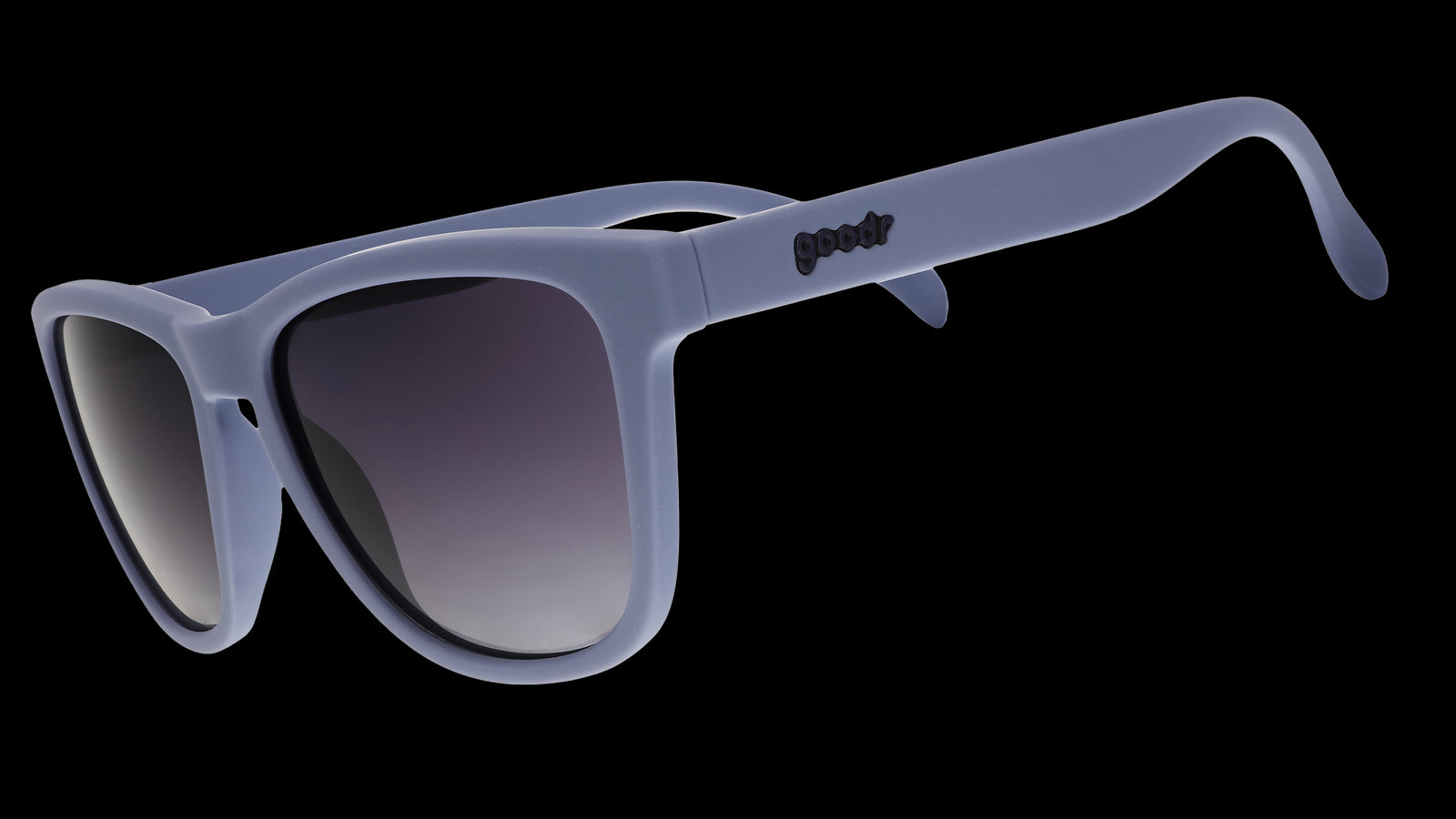 A pair of square sunglasses with lavender frames and lenses.