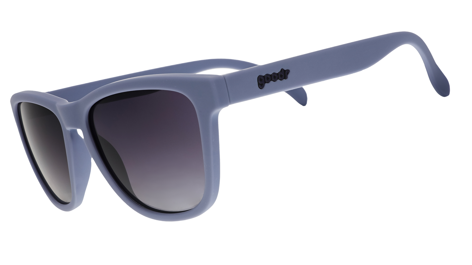 A pair of square sunglasses with lavender frames and lenses.