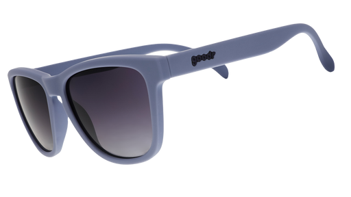 A pair of square sunglasses with lavender frames and lenses.