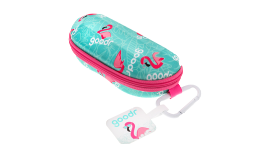 goodr sunglasses case, teal with pink flamingos and a hot pink zipper