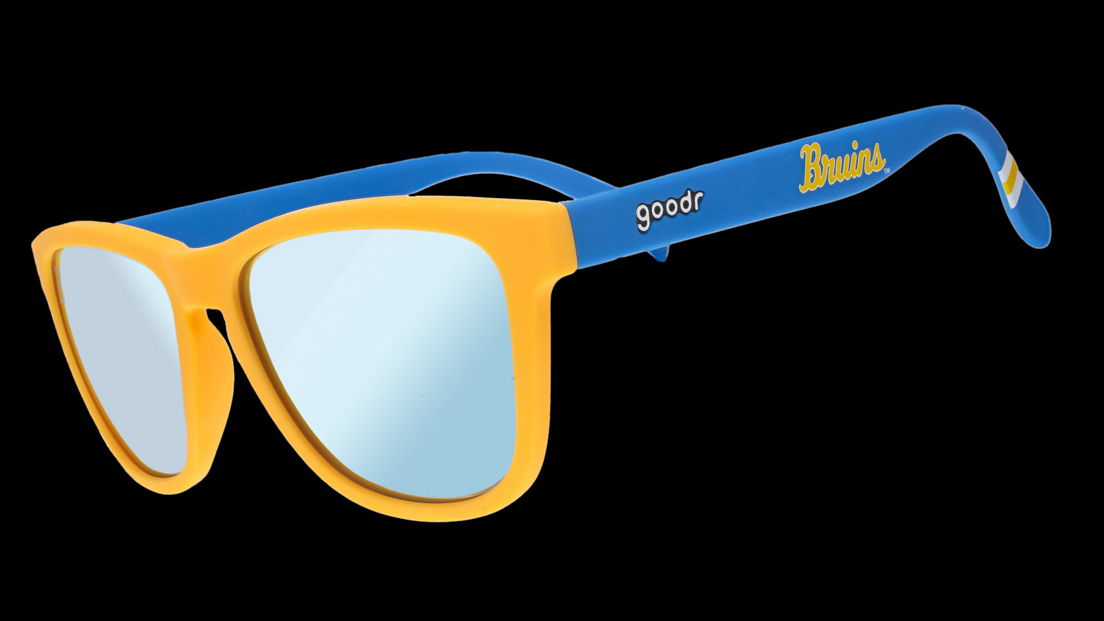 Bruins goodr sunglasses, with yellow frames and blue temples