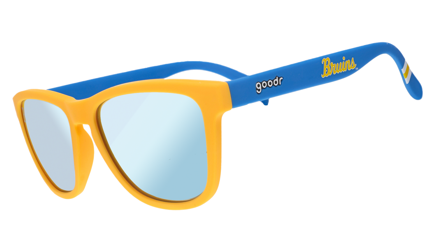 Bruins goodr sunglasses, with yellow frames and blue temples