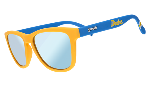 Bruins goodr sunglasses, with yellow frames and blue temples