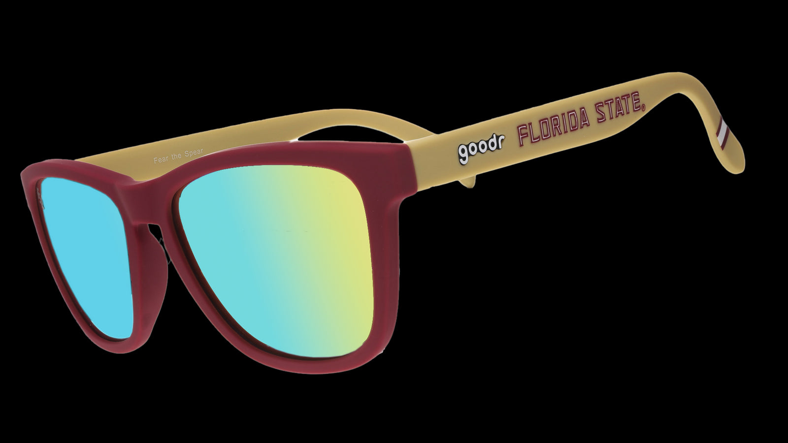 A pair of sunglasses on a white background with maroon frames, blue and green lenses, and gold temples with "Florida State" written in maroon along the temples.