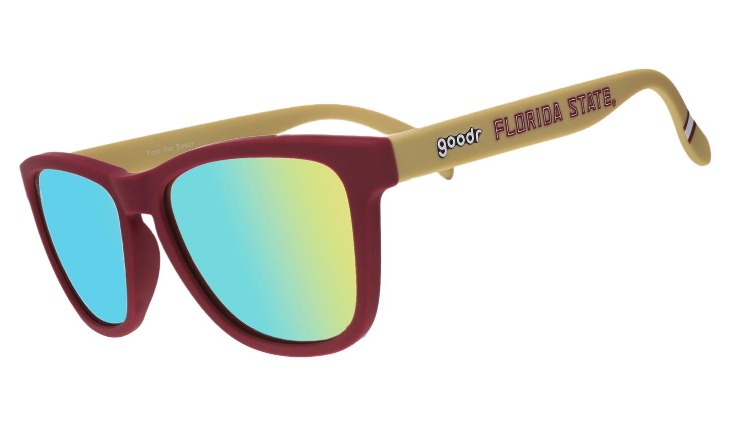 A pair of sunglasses on a white background with maroon frames, blue and green lenses, and gold temples with "Florida State" written in maroon along the temples.