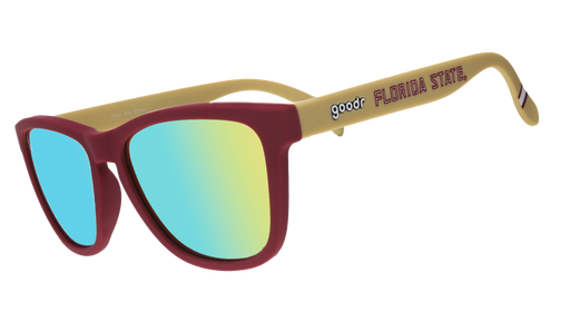 A pair of sunglasses on a white background with maroon frames, blue and green lenses, and gold temples with "Florida State" written in maroon along the temples.
