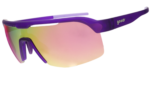 The image shows a pair of sporty wraparound sunglasses with a sleek purple frame and reflective lenses that transition from pink to yellow hues.